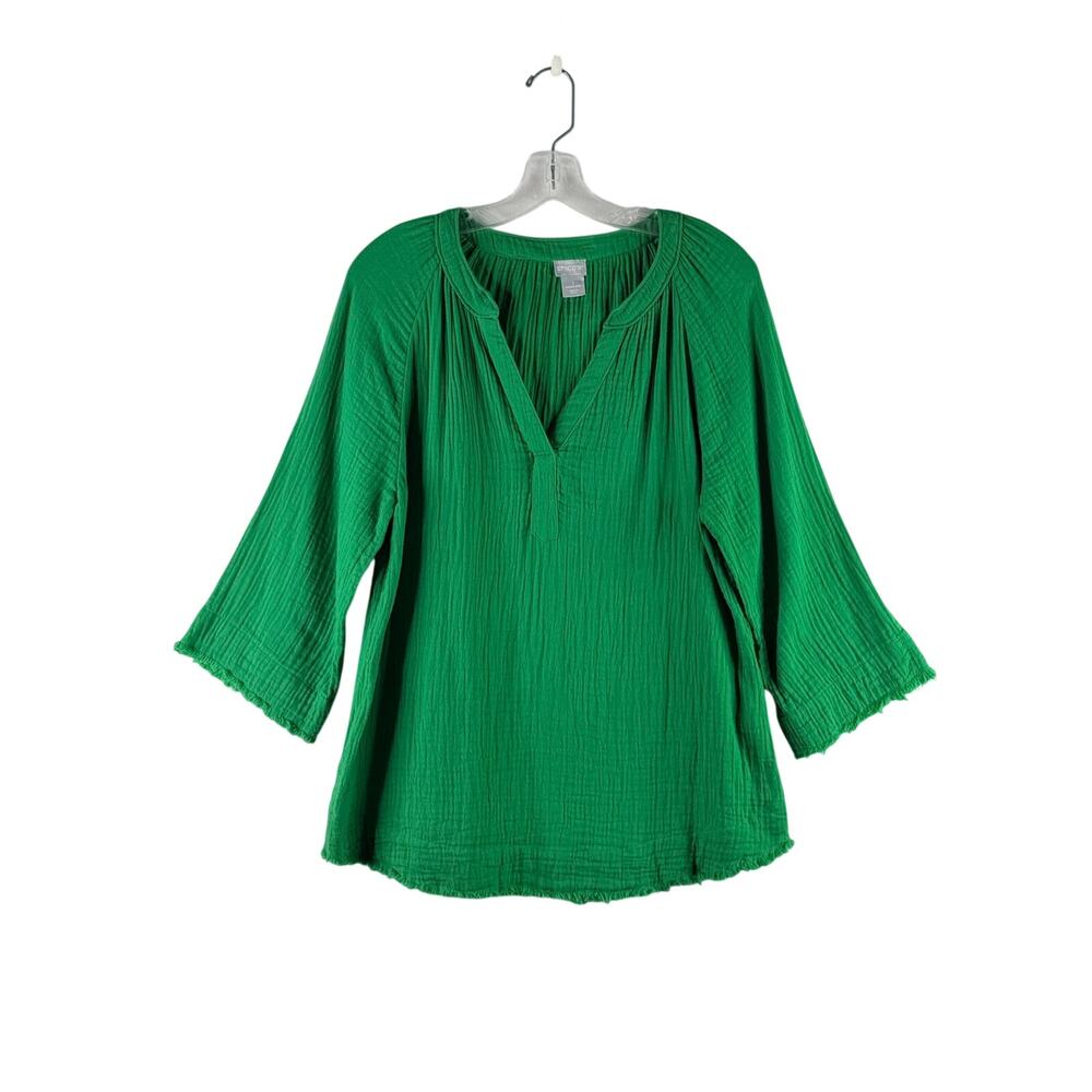 Chico's 3/4 Sleeve Cotton Crinkle Gauze Pullover Top Green Womens 1 M Casual
